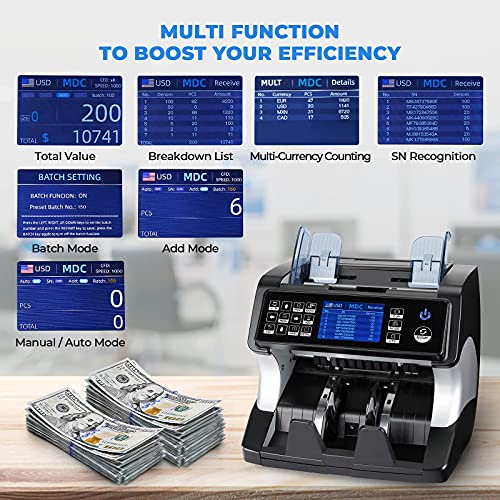 Image of MUNBYN IMC01 Bank Grade Money Counter Machine Mixed Denomination, 2CIS /UV /IR /MG /MT Counterfeit Detection, Serial Number, MUL Currency Cash Counter, Printer Compatible Bill Value Counter (Black)