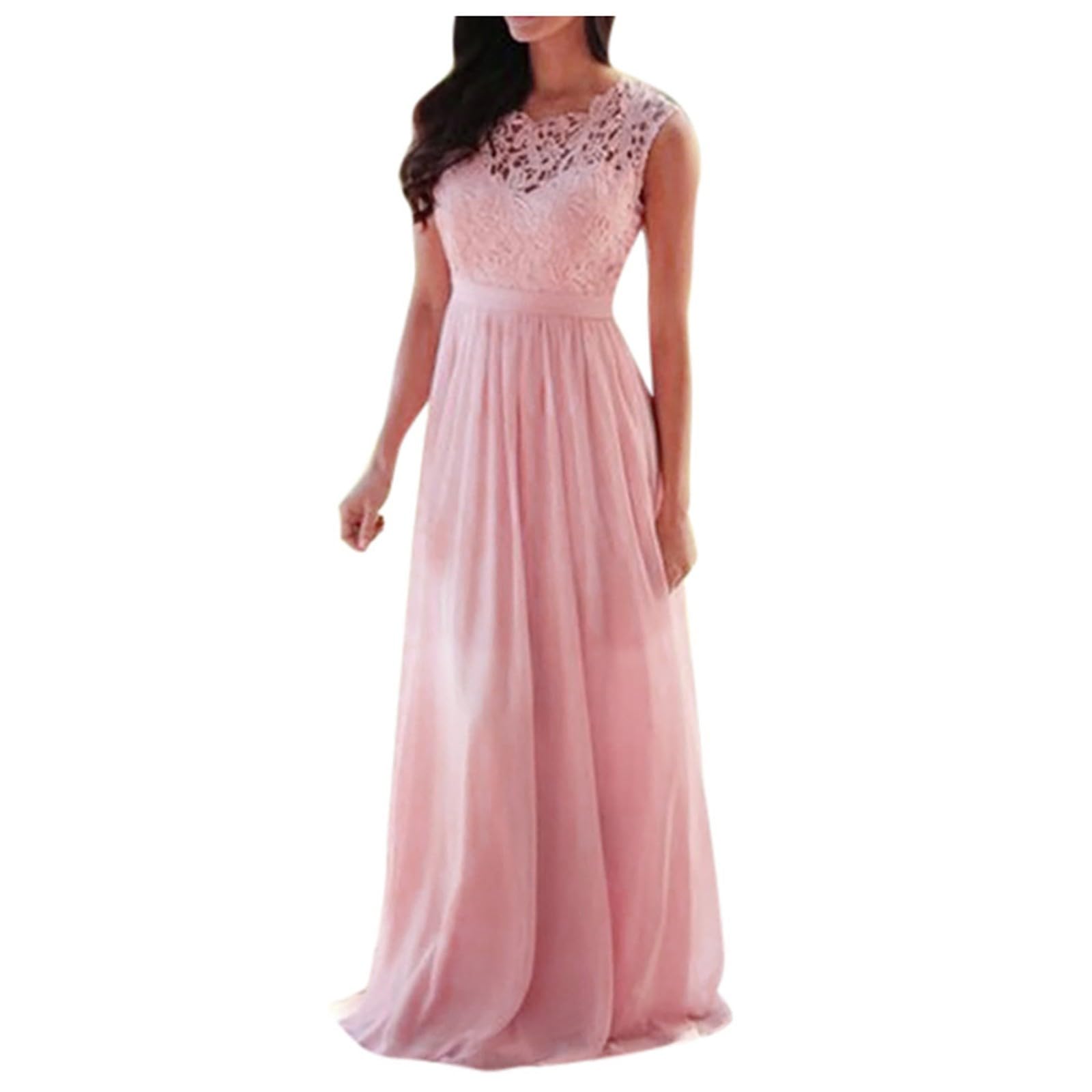 Abendkleid Lang Damen Elegant für Hochzeit Spitzen Rundhals ärmellos A Linie Chiffon Festlich Kleid Lange Ballkleider Brautjungfernkleider Cocktailkleid Spitzenkleid
