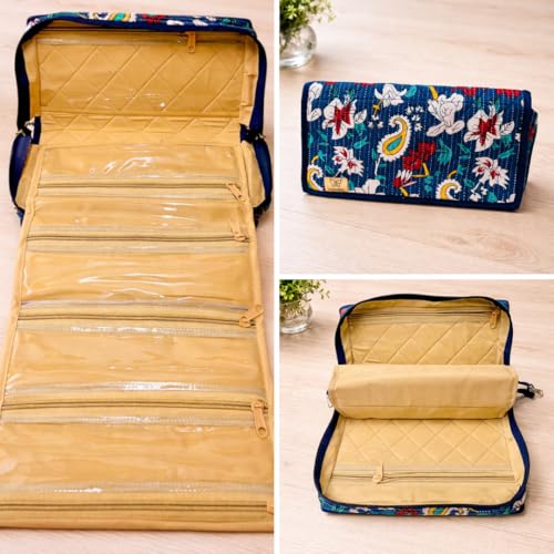 Image of Trendifly Embroidery Sling Jewellery Organiser Storage Bag Pouch for women & girls | Bank Locker jewelry Organizer | Earring Necklace Bangles Organiser for Travel & Gifting (Jaipuri Blue)