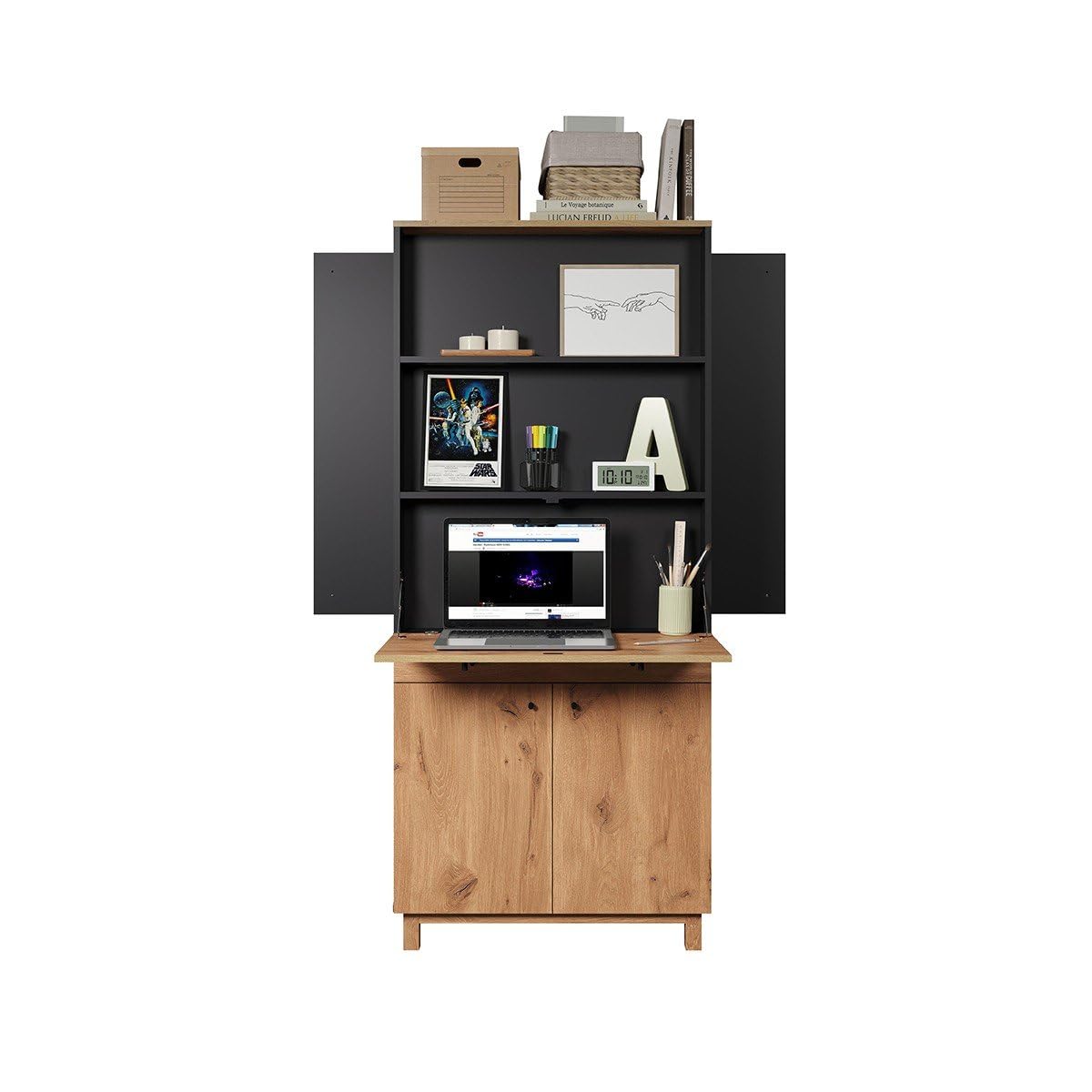 trendteam smart living - Sekretär Schreibtisch Multifunktionsschrank - Wohnzimmer - Solution - Aufbaumaß (BxHxT) 76 x 175 x 41 cm - Farbe Navi Blau mit Viking Eiche - 221400833