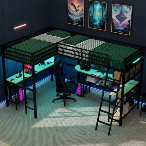 LUMISOL Twin Over Twin Doule Loft Bed with Desk and LED Light for 2 Kids, Double Metal Loft Beds for Teens，L-Shape Loft Beds with Charging Station ＆ Storage, No Noise, Black