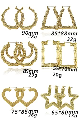 6 Pairs Large Bamboo Shaped Hoop Earrings Set Gold Tone Statement Hip-Hop Earrings for Women Jewelry4