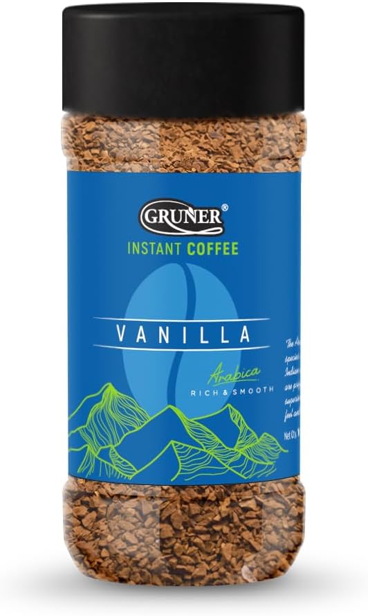 GRUNER Instant Flavoured Coffee | Have it Hot, Cold, or Black, Rich and Smooth, no added sugar, Medium Roast, Premium Arabica Coffee Bean 100gm 3.5oz. Jar (Vanilla, 3.5Oz)
