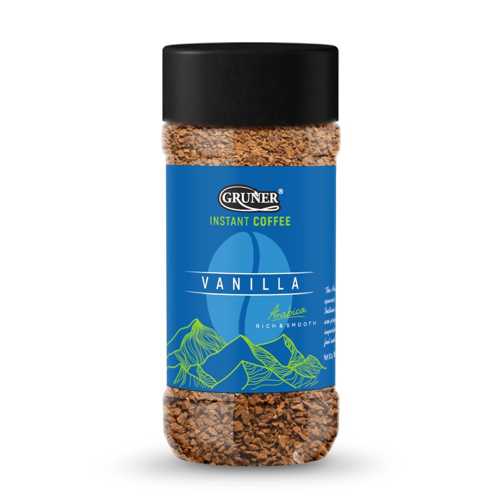 GRUNER Instant Flavoured Coffee | Have it Hot, Cold, or Black, Rich and Smooth, no added sugar, Medium Roast, Premium Arabica Coffee Bean 100gm 3.5oz. Jar (Vanilla, 3.5Oz)