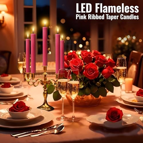 Image of 10 inch Fluted LED Pink Grooved Pillar Candles with 2 Remotes & 24h Timer Memory, On /Off Switch - Flameless Dimmable Battery Operated w /Flicker Mode, Home Wedding Decor (12 Pack)