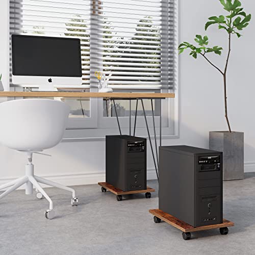 Join Iron Cpu Stand Computer Tower Stand, Set Of 2 Pc Tower Stand, Floor Pc Stand For Under Desk, Wood Cpu Holder Stand Cart With Lockable Wheels, For Office, Home（Brown #TOP1