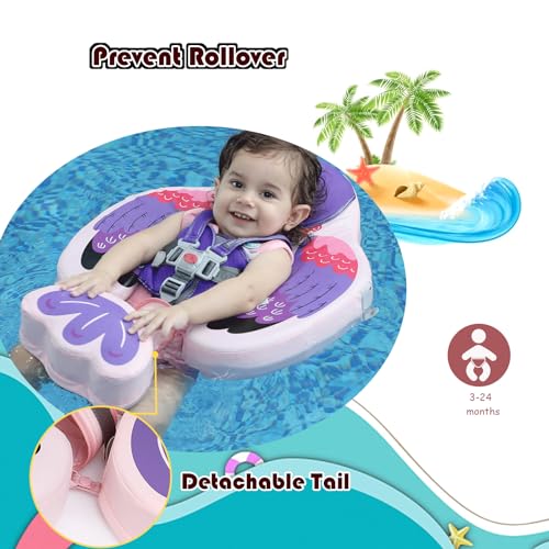 Image of Baby Pool Float with UPF50+ 3D Adjustable Canopy, Add Tail Mambobaby Float Non Inflatable Infant Floats for Pool, Cartoon Narwhal Baby Floats (BPurple with Canopy-W05BPCTLUROHML01W05)