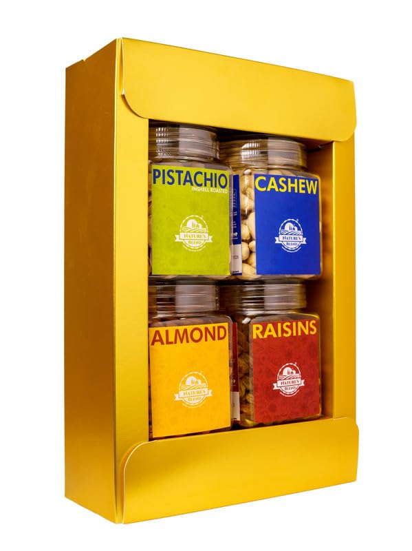 Image of Nature's Blend - Essential Dry Fruits|Festive New|Pack of 4|250g Jar|Almond, Cashew, Pistachio Inshell Roasted, Raisins|Soft Top