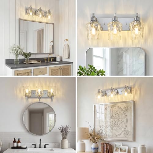 Image of Farmhouse Chrome Vanity Light, 3 Light | Bathroom Lighting Fixtures, Over Mirror, Hammered Glass Lampshade, For Cabinet Mirror Bedroom Hallway