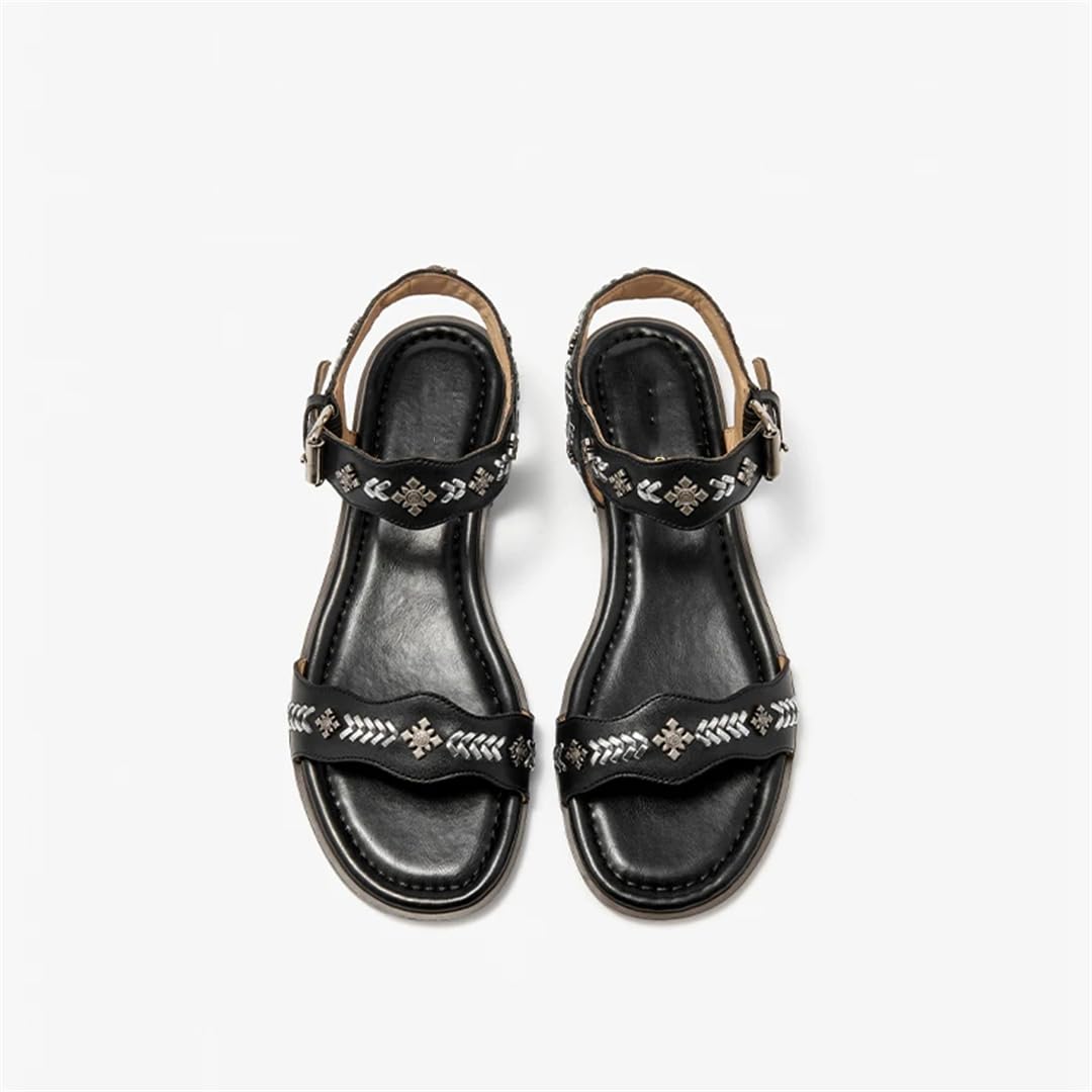 Sandalias de verano para mujer, con correa trasera, tacón redondo, con correa al tobillo, de piel de vaca auténtica, decoración de metal, sandalias casuales de verano