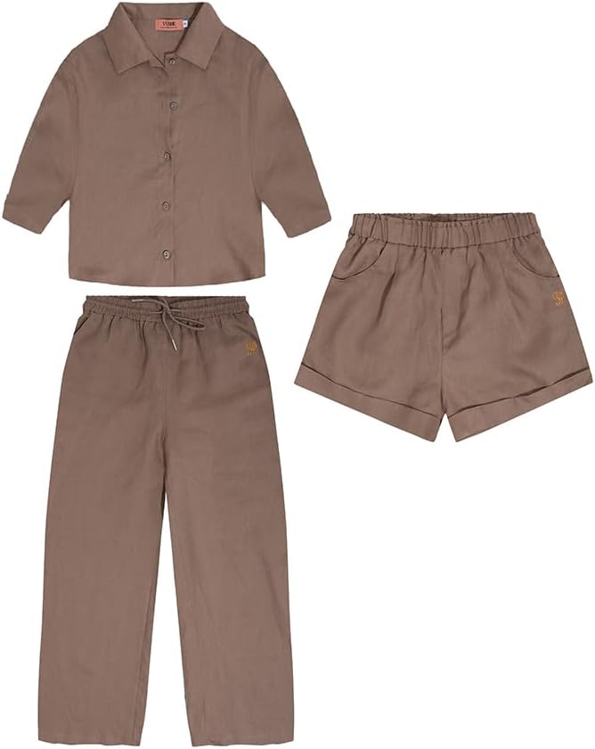 YUSHE 3 Piece Lounge Set for Women | Linen Crop Shirt with Shorts & Pants | Matching Co Ord Set | Loungewear for Travel