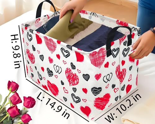 Image of Valentines Day Basket Large Foldable Heart Shaped Storage Box for Gifts Kids Empty Storage Bins Rectangular Toy Organizer Decor (Black Pink Line Love)