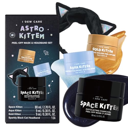 I DEW CARE Peel-off Face Mask Set - Astro Kitten | Exfoliating, Hydrating, Revitalizing, Pore Clearing, Whitehead Mask with Black Cat Spa Headband, Korean Skincare, For Glass Skin, Skincare Set