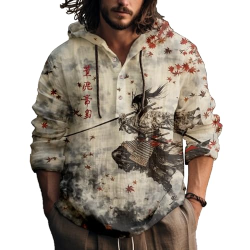 Mens Japanese Art Graphic Long Sleeve Hoodies Shirts Henley Neck Casual Button Shirts Lightweight Sweatshirts