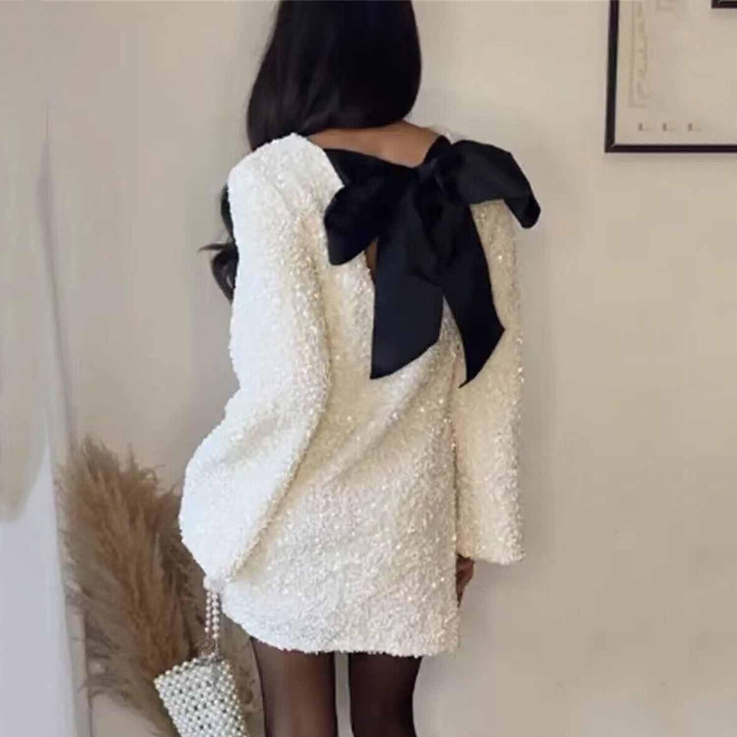ISOUDE Mini Abito da Donna con Paillettes Scintillanti Senza Schienale, Maniche Lunghe, Abiti da Club Aderenti con Glitter (XXL,Pale Pinkish Gray)