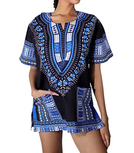DA'IKI Dashiki Cotton Shirt African Tribal Kaftan Boho Caftan Unisex, Large, Dashiki - Black Dark Blue