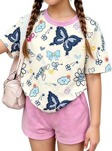 Image of Girls Clothes 2PCS Butterfly Print Short Sleeve T-Shirt + Shorts Set Teen Tween Girls Summer Outfits Set