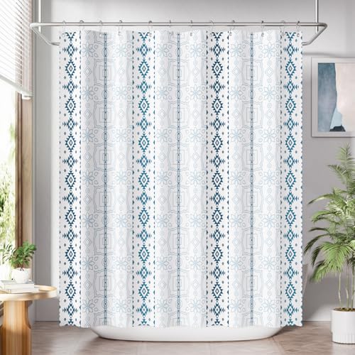 Image of AmazerBath Boho Shower Curtain, 72x72 Washable Cloth Navy and White Shower Curtains for Bathroom, Fabric Rustic Neutral Shower Curtain Set with 12 Hooks, Modern Camper RV Dorm Stall Shower Curtain
