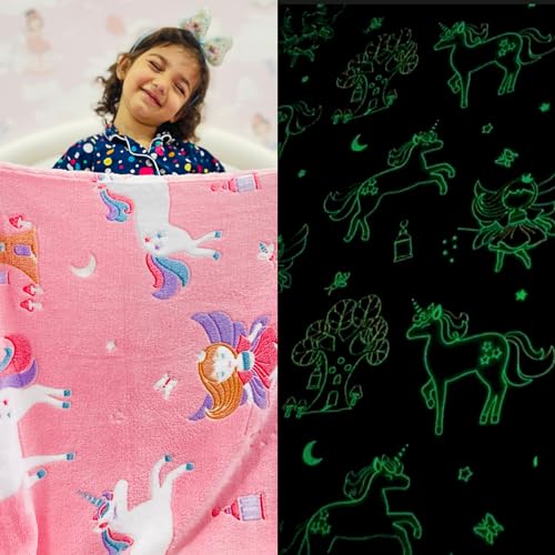 Image of Famyo Glow in the Dark Blanket Combo for Kids, Rocket & Unicorn | 2 Soft Flannel Fleece Blankets, 200 x 152 cm, Cozy, Warm, Machine Washable, Ideal Gift for Boys & Girls
