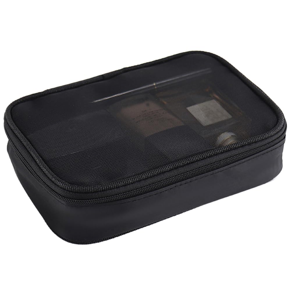 kamumanni Mesh Makeup Bag, Black Mesh Toiletry Bag, Carry On Travel Makeup Bag with Zipper (Medium)