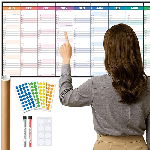 2026-2027 Academic Year Wall Planner Set 119 x 42cm UK Calendar Laminated Rolled (No Creases) Erasable Yearly Wall Chart Includes Pens Adhesive Pads & Coloured Stickers Home Office (Black) by Planvia