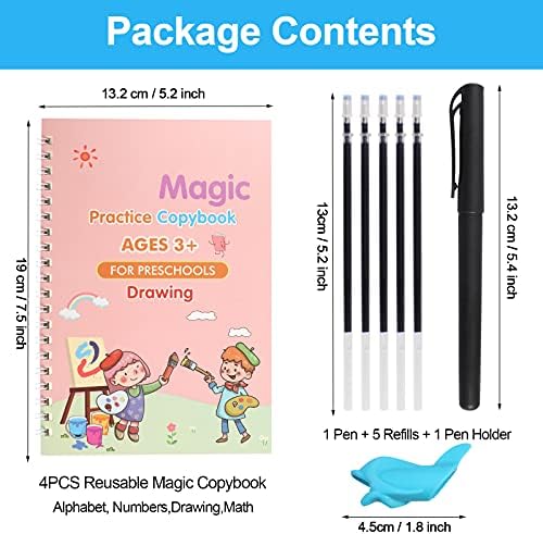Magic Practice Copybook for kids, 4 Pack Calligraphy Set with Handwriting Pens for Beginners, Children Tracing Workbook for Drawing,Math,Numbers,English Alphabet