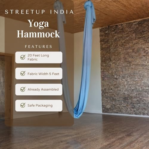 Image of Streetup India Lycra Fabric Aerial Swing /Yoga Hammock With 20 Feet Long Fabric With Carabiner and Ring (Light Sky Blue)