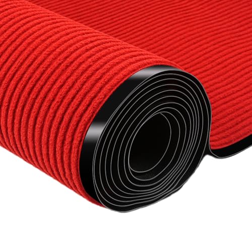 ybaymy 3×10 ft Commercial Runner Rug Double Stripes Outdoor Indoor Entrance Doormat Waterproof Industrial Carpet Runner Rugs with Non-Slip PVC Backside for Home Hallway Entrance Hotel Red