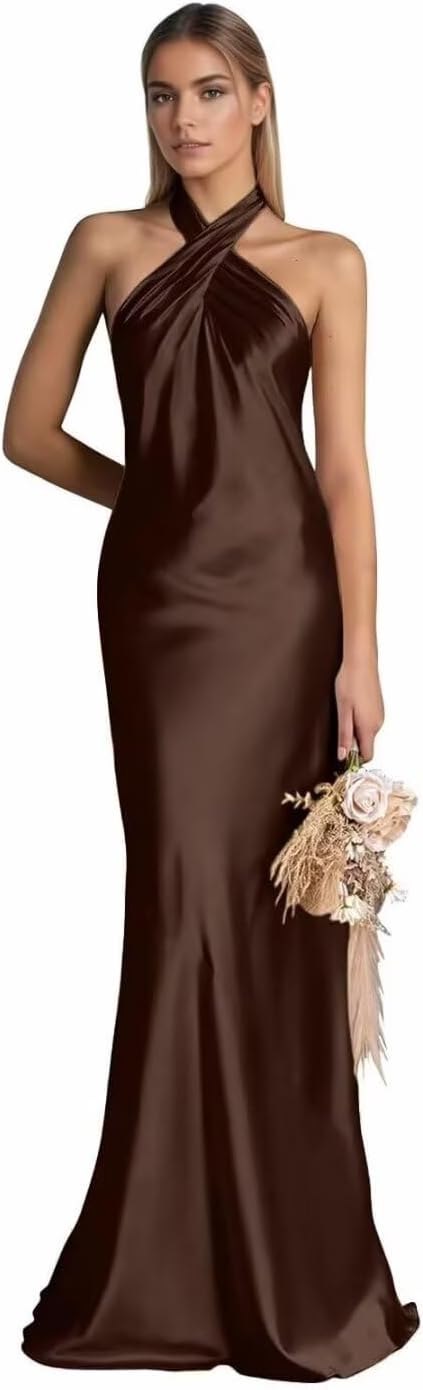 Floor Length Mermaid Ruffle Satin Bridesmaid Dresses Halter Neck Prom Dresses Backless Wedding Guest Dresses for Women