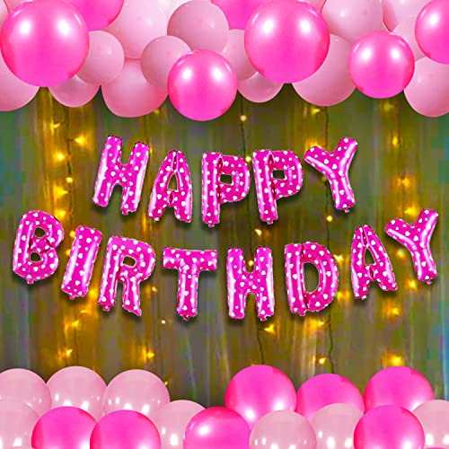 Image of Party Propz Happy Birthday Decorations For Girls Combo Set- Pink Metallic Balloons, Happy Birthday Foil Balloon, Fairy Light, Glue Dot - Girls, Women, 1st, 2nd, 3rd, 4, 5,6th - 54Pcs