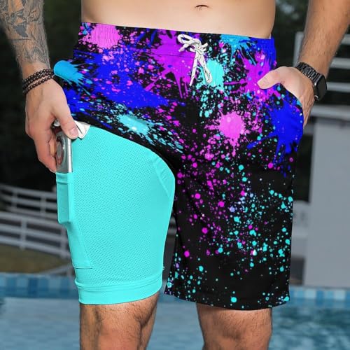 CHILL·TEK Men's Swim Trunks with Compression Liner, Splatter Beach Shorts for Men Quick Dry Swimming Shorts for Surfing3