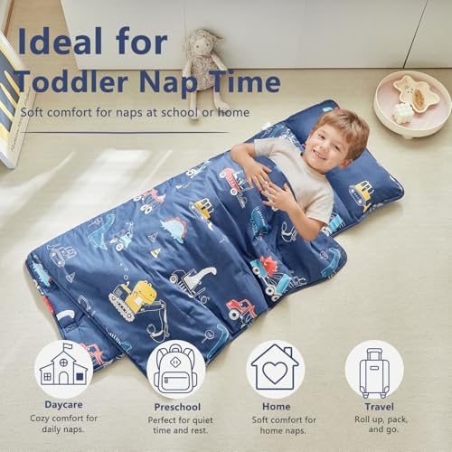Image of Cotton Toddler Nap Mat for Boys,Roll Up Slumber Bags Dinosaur Pattern,Toddler Nap Mat with Removable Pillow and Blanket, Kids Sleeping Mat for Daycare,Preschool and Kindergarten-Navy Blue