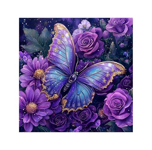 Image of QENSPE Diamond Art Kits for Adults, DIY Purple Butterfly Full Drill Diamond Painting Kits for Beginners, Rose Flower 5D Round Diamond Dots Paintings, Gem Art Crafts Home Wall Decor Gifts 12x12 inch