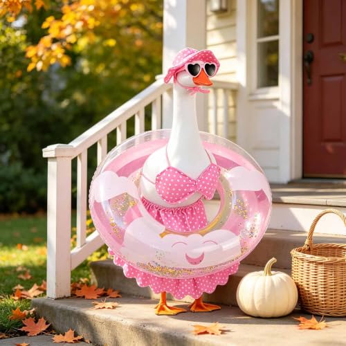 yuboo Fall Porch Goose Outfits Fits 23", Goose Clothes with Swimming Ring Sunglasses Hat and Bikini, Garden Yard Lawn Halloween Party Decor Pink - image 3