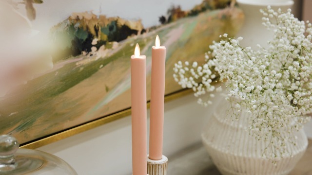 Image of Luminara Flameless Battery Operated Taper Candle, Mellow Peach Pack of 2 1 inch x 9.75 inch, LED Flickering Flame, Realistic & Safe for Home Kids and Pets