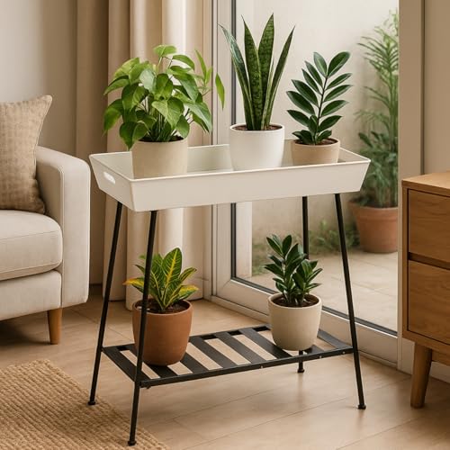 Image of ecofynd Nico Plant Stands for Outdoor Balcony, Flower Pot Stand for Indoor Plants, Metal Planter Stand for Living Room, home decor, Indoor & Outdoor plants, 2 Tier, (PS045-WHTBLK)