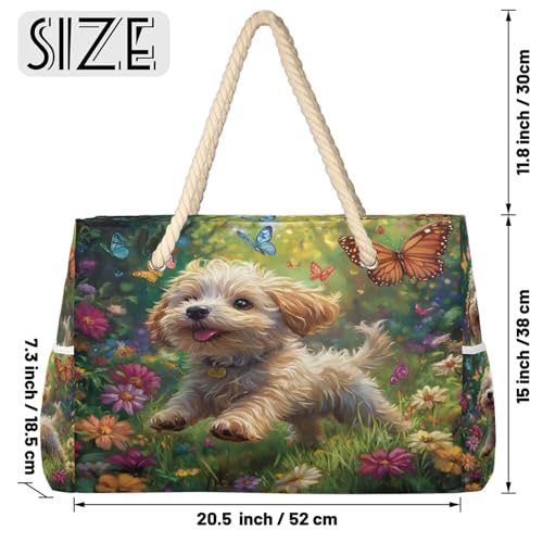 Cute Dog Large Tote Beach Bags for Women with Zipper Puppy Waterproof Sandproof Gym Swim Pool Grocery Travel Bag2