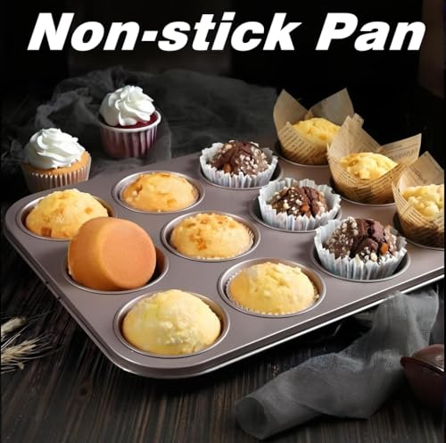 DWWTKL 12-Cavity Nonstick English Muffin Pan Baking Round Cupcake Mould for Bread Cookies Yorkshire Pudding Cakes Pastries Toaster Oven Heavy Duty Baking Tins