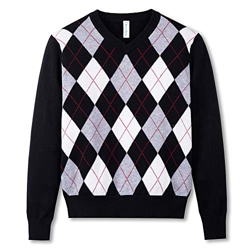 BOBOYOYO Boys Sweater Pullover, Argyly Sweater for Boys, 100% Cotton Cable Knit Sweater for Size 3-12Y Black