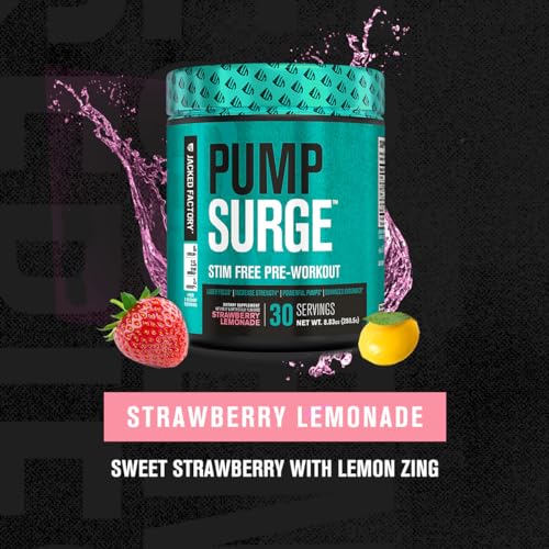 Image of Jacked Factory Pumpsurge Caffeine Free Pre Workout for Men & Women - Nootropic Booster & Stim Free Pre Workout - Intense Pumps, Enhanced Focus - 30 Servings, Strawberry Lemonade
