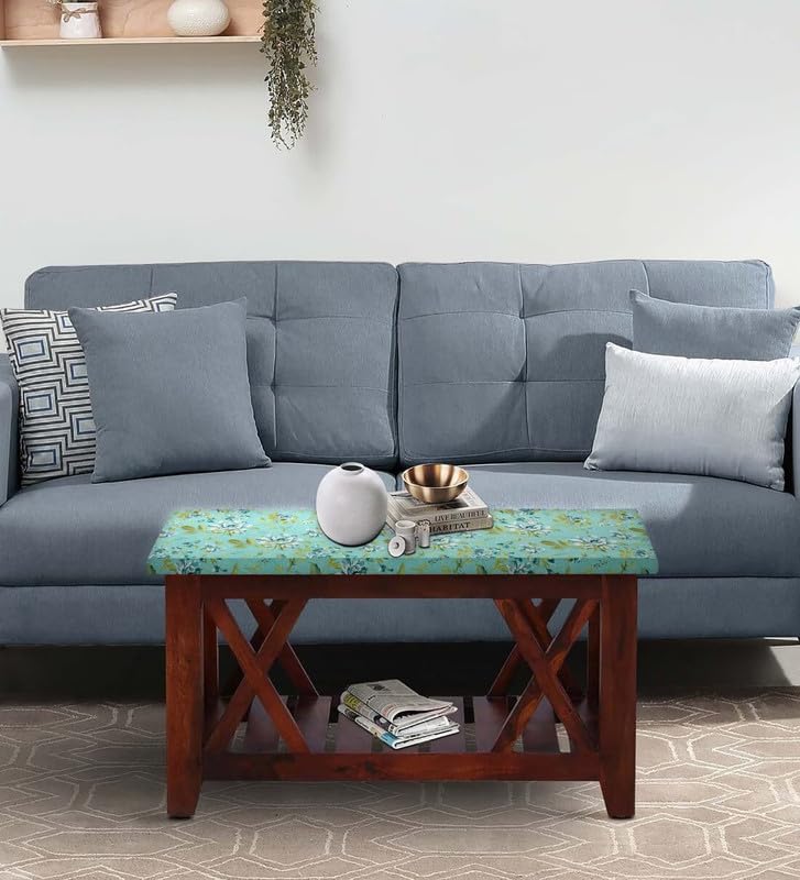Image of The Furnishing Tree Elastic Cotton Square Center Table Cover 24x24 in Inches Floral Golden Leaf on Blue Base