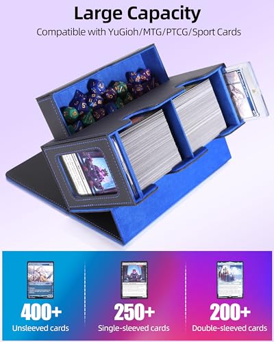 Image of MTG Deck Box, MTG Commander Card Deck Box with Commander Display, Fits 250+ Single Sleeved, Double Card Storage Box with Dice Tray, Magnetic Card Storage Case for CCG TCG Sports Cards, Black Blue