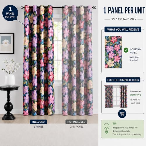 Image of BFAM Floral Print 100% Blackout Curtain with Black Linning at Back,Lavender Purple Floral Print Curtains for Living Room /Bedroom Thermal Insulated Energey Saving 6 Feet Pack of 1 Curtain