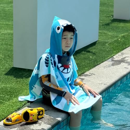 Image of growell Hooded Kids Beach Towels - Toddler Bath Towel Girls Boys Swim Cover-ups for Ages 1 to 6 Kids Pool Towels Quick Dry Lightweight Soft Microfiber Poncho Towel 24x23(Shark SkyBlue)