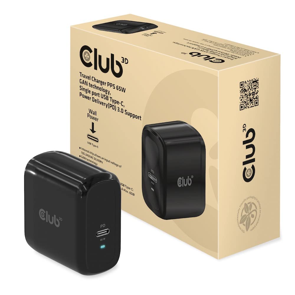 CLUB3D - Caricabatterie da Viaggio PPS 65 W, Tecnologia GAN Singola, USB Tipo C, Power Delivery(PD) 3.0, Supporto CAC-1905EU