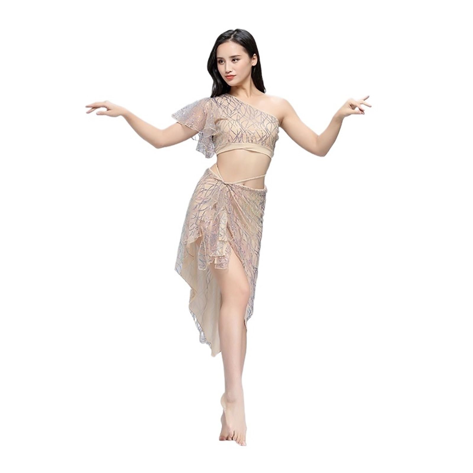 Costume da Danza del Ventre Femminile con Top e Gonna in Paillettes, Grazie al Vestito for la Pratica, Abbigliamento Estivo