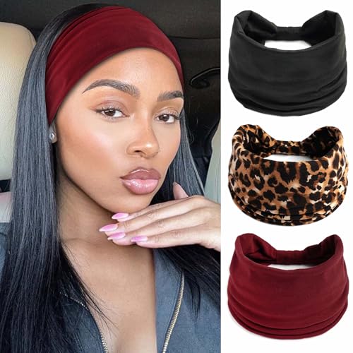 STGDAK Wide Headband Boho Head Bands For Womens Hair Band Burgundy Black Head Wraps Leopard Turban Knotted Headband Non Slip Sweatband Soft Hair Scarf Headbands 3 Pcs