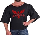 Men's Oversize Rag Top in Black, Gym Bodybuilding and Lifting T-Shirt with 3/4 Sleeve with Red Built in America Design