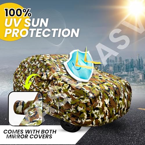 Image of VYAS 100% Waterproof Wagon R Car Cover Compatible with Maruti Wagon R (2010-2017) Full Body Car Cover, All Weather Protection with Mirror Pocket, Belt & Buckle Camouflage Design