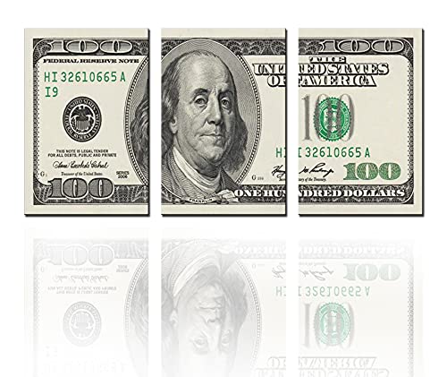 Tucocoo 3 Panels Canvas Wall Art 100 Bill Dollar ​Cash Money Collection，Printing Poster for Home Decor and Office Living Room Artwork Framed Ready to Hang-48”X24”